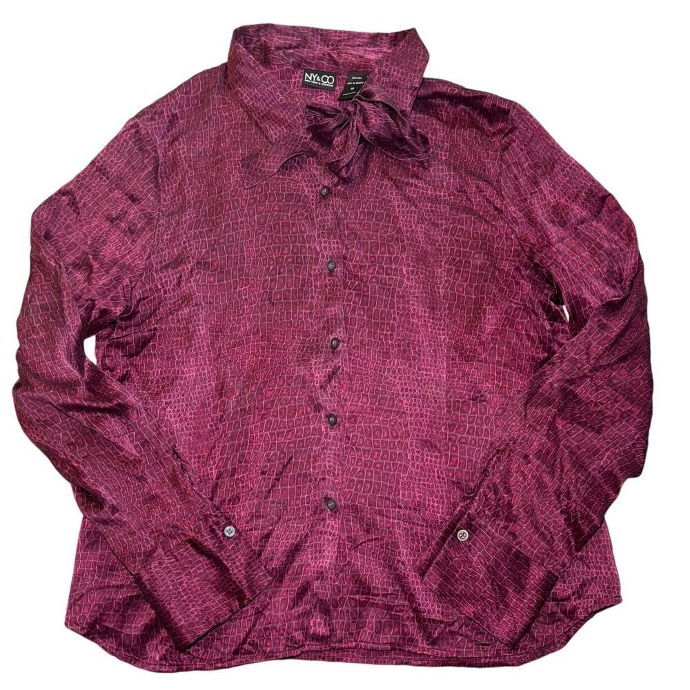 100% Silk Maroon Alligator Print Blouse with Neck Tie Size XL